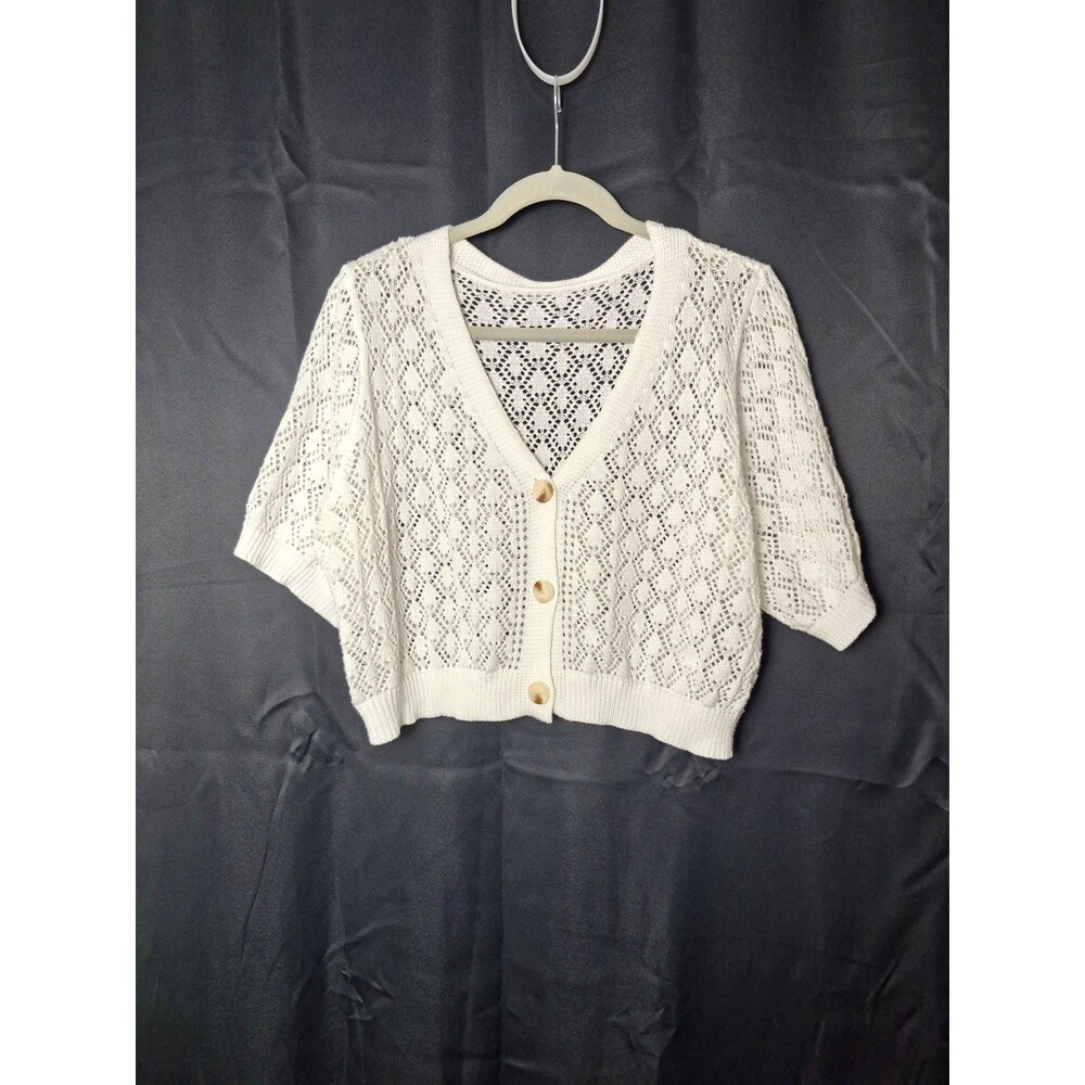 White Boho Crochet Crop Cardigan Cottagecore Festival Top Country Buttons 3XL